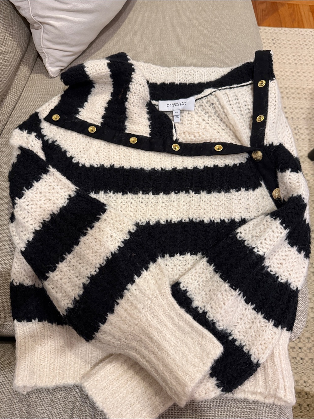 10 Crosby Derek Lam Black and Cream Striped Cowl Sweater with Gold Buttons